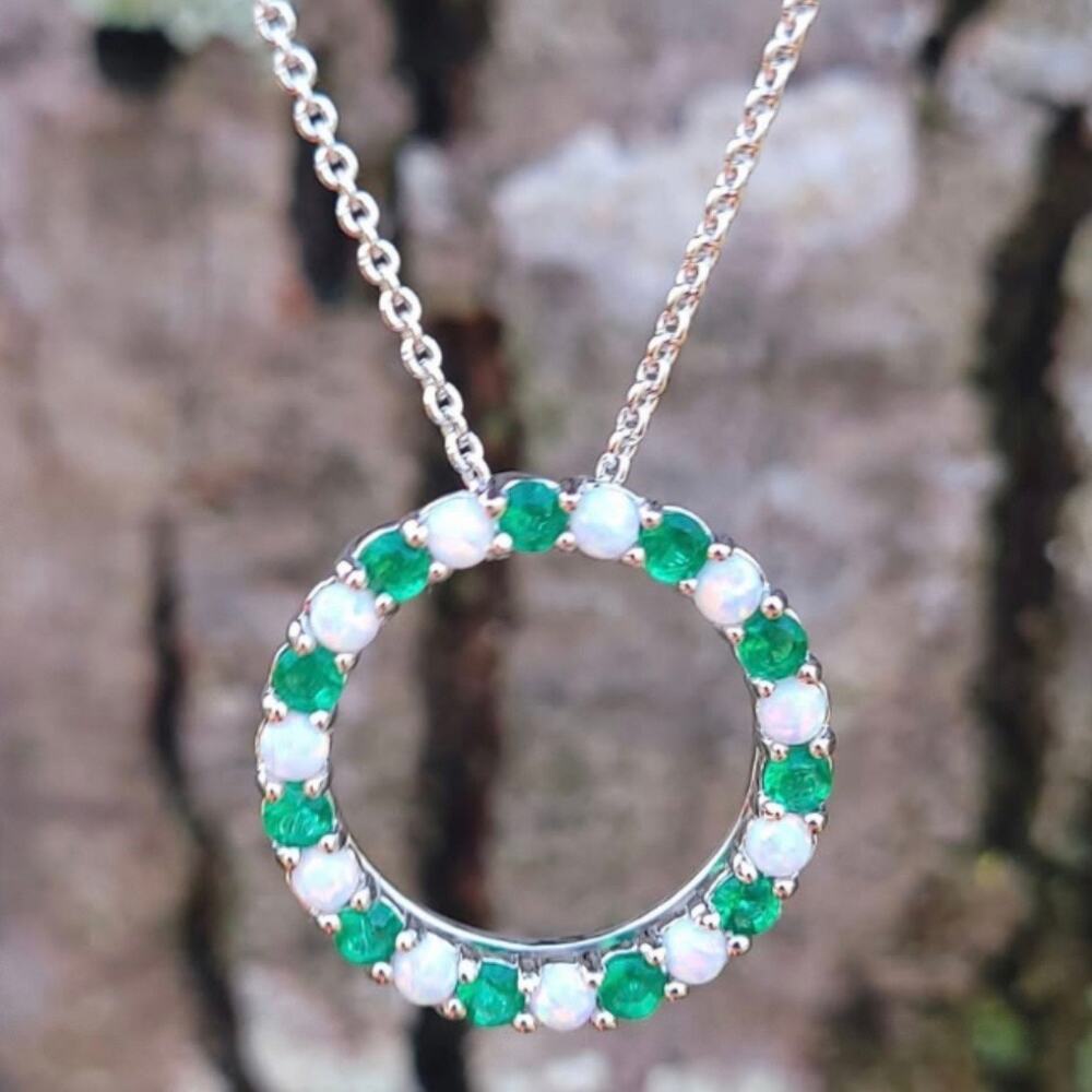 Created Opal And Emerald Circle Pendant Necklace 18 inches Sterling Silver